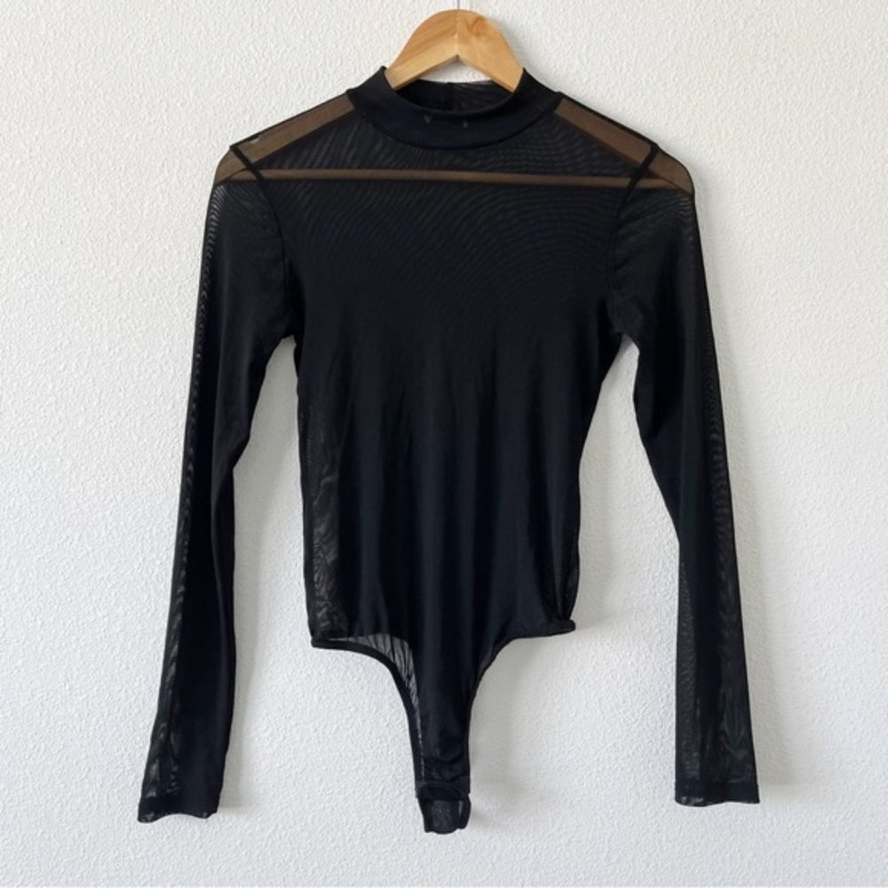 Unbranded Black Sheer Mesh Mock Neck Long Sleeve Bodysuit
